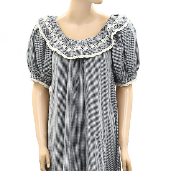 Doen Crochet Embroidered Lace Midi Dress Plaid Check Printed Ruffle XS - Picture 2 of 5